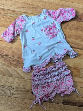 SweetHoney Pink Rose Print Ruffle PJ Top & Bloomers Set 2t